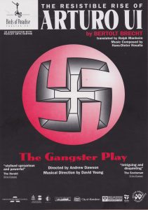 A poster for the play 'The Resistible Rise of Arturo UI'. It is plain black with a swastika insignia in the middle.