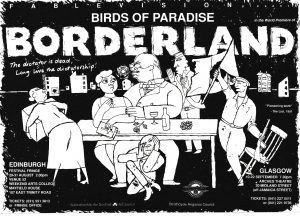 A poster for 'Borderland'. It consists of an abstract drawing of a dinner party scene. 