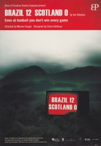 A poster from 'Brazil 12 Scotland 0' . It shows a TV displaying the shows title on a grassy mountain.