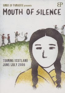 A poster for 'Mouth of Silence'. It shows the painted silhouette of a woman with braided hair and people walking over a hill in the background. 