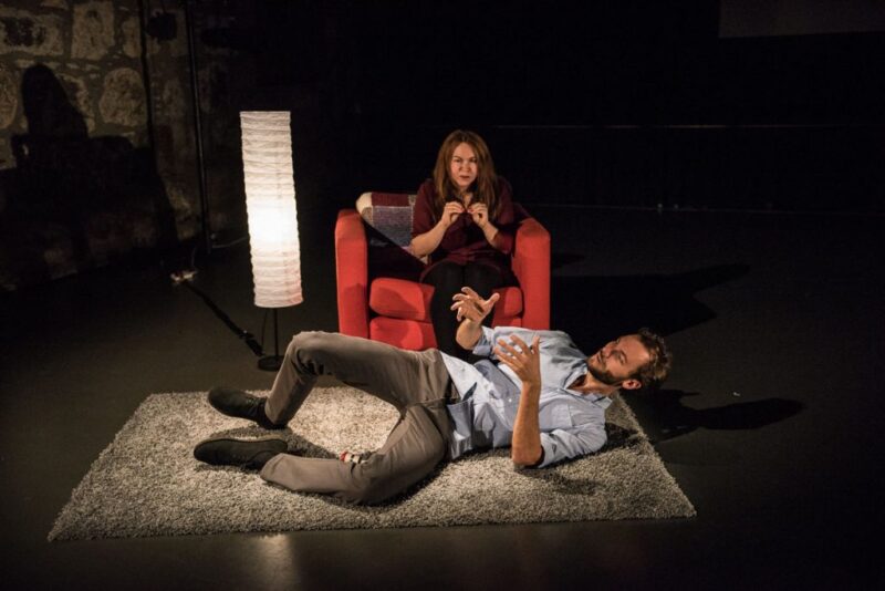 A young white man with brown hair and a beard lays down on a grey shag rug. He is talking and gesticulating with his hands. A woman in a red armchair with a lamp beside it sits nearby. She appears around the same age as the man, she has long brown hair and is wearing a purple dress.