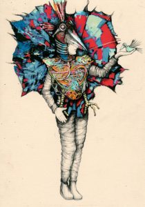 A drawing of a man in a large blue and red bird costume, he is holding a small blue bird in his hands