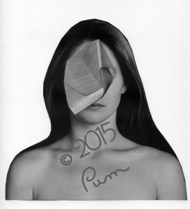 A black and white photo of a woman with long dark hair. We see her from the shoulders up. There appears to be a piece of paper in front of her face. 