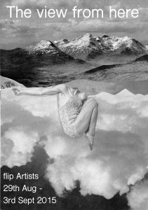 A poster for 'The View from here'. It depicts black and white mountains with clouds beneath them and a drawing of a headless body laying in the fetal position is in the foreground,. 