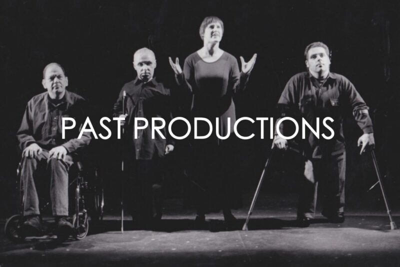 White texts reads 'Past Productions'. The text is placed over a black and white image of some actors on stage.