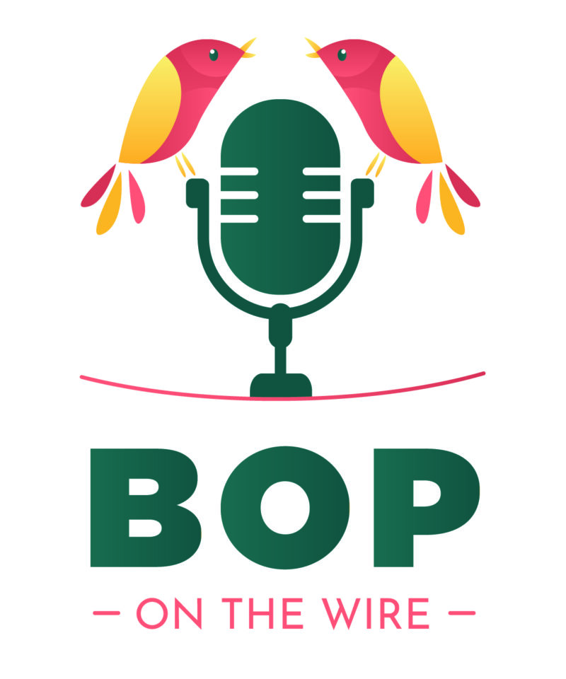 BOP on the Wire logo: Two colourful birds perch on either side of a microphone, which sits on a slightly sagging telegraph wire