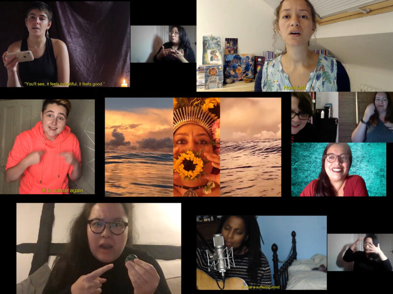Collage of performances and films from ‘A Wake’. Left-Right, Top Row: Emilia Beatriz reads from their phone, they are Puerto Rican American with short brown hair and glittery lipstick, a caption reads “You’ll see, it feels beautiful, it feels good.”; Emilia is being interpreted into British Sign Language by Lisa Li, a British Chinese woman with shoulder-length black hair and glasses; Jeda Pearl reads a poem, she has a patterned top and long, brown curly-frizzy hair, bronze-brown skin, brown eyes and no makeup, a caption reads “Hold fast”. Left-Right, Middle Row: Brooklyn Melvin performs sign-song with a pleasant expressions, they are white with short brown hair with shaved sides and wear an orange hoodie, a caption says 'to dance again'; a still from Raman Mundair’s short film, she is adorned as a Goddess with yellow flowers, a crown, and Punjabi tribal folk markings, to her left and right are different ocean horizons; Etzali Hernández, a nonbinary latinx queer femme with brown eyes, hoop nose piercings, long black hair and glasses, they sit smiling in front of a bright turquoise background; Etzali is in conversation with San Alland, a smiling white person with short brown hair, glasses and a red and black striped tie, interpreted into BSL by an also-smiling K.Yvonne Strain who's a white woman with wavy shoulder-length brown hair. Left-Right, Bottom Row: Bea Webster performs Hamlet, Bea is Scottish-Thai with straight shoulder-length dark hair and brown eyes, she wears glasses and holds a tiny toy skull she's pointing at with a shocked expression; Lake Montgomery plays a song on her guitar into a large mic, Lake is African-American with chest-length finger-thick dreadlocks, brown eyes and no makeup, a caption reads "Heal a suffering mind"; Lake’s lyrics are being interpreted into BSL by Lisa Li, described above, whose hands move over her head.