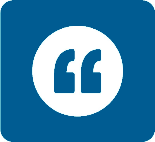 Large graphic of a quotation mark in dark blue