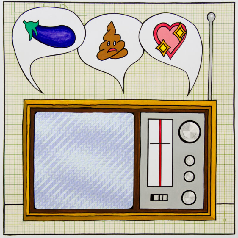 An illustration of an old wooden radio, with three speech bubbles rising from the speaker. In each speah bubble is an emoji: the aubergine; the curly poo with a shocked face; a love heart with sparkles.