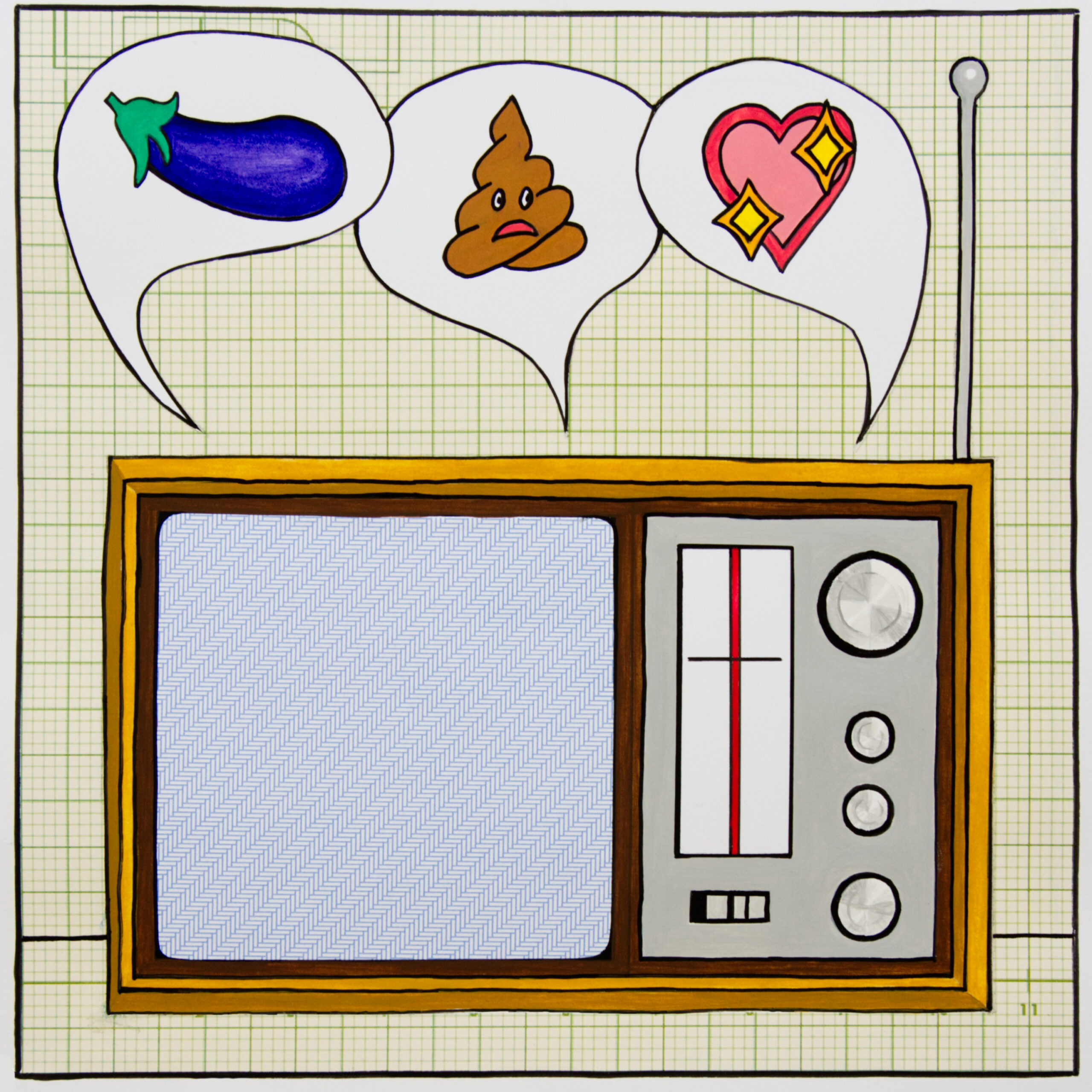An illustration of an old wooden radio, with three speech bubbles rising from the speaker. In each speah bubble is an emoji: the aubergine; the curly poo with a shocked face; a love heart with sparkles.