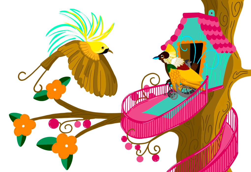 Brightly coloured illustration of two birds. One has brown wings, a yellow head and a spray of turquoize feathers coming off it's neck. This bird is mid flight and about to land on a tree branch. The 2nd bird has golden wings, blue beak, black head with gold feathers coming from it's head, and is in a wheelchair. This bird sits in the entrance to a birdhouse on the side of a tree, which has a ramp snacking its way round the trunk.