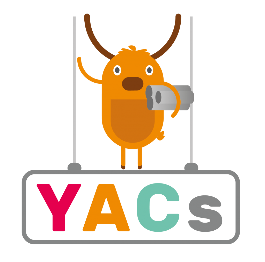 Logo shows a cartoon of an orange animal with horns, with three rolls of plans tucked under one of its arms. It is standing on a large sign, which says "YACs" in large capital letters. The animals other arms holds a cable that descends from the top of the image and connects to the sign it stands on.