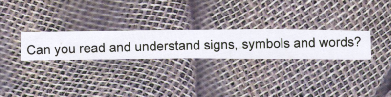 An image from the Brew anthology showing text cut from printed documents laid on top of a piece of naturally dyed fabric. The text reads, "Can you read and understand signs, symbols and words?"