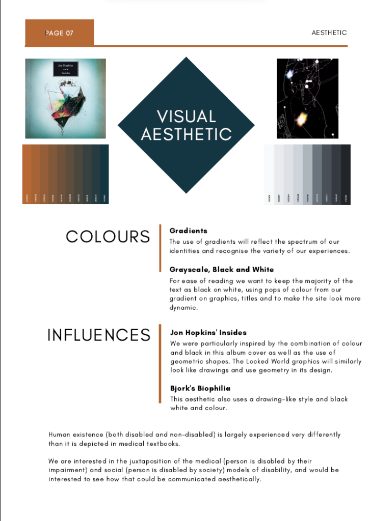 Visual Aesthetic. Colours: The use of gradients will reflect the spectrum of our identities and recognise the variety of our experiences. For ease of reading we want to keep the majority of the text as black on white, using pops of colour from our gradient on graphics, titles and to make the site look more dynamic.
Influences: We were particularly inspired by the combination of colour and black in this album cover [Jon Hopkins' Insides] as well as the use of geometric shapes. The Locked World graphics will similarly look like drawings and use geometry in its design.
This aesthetic [Bjork's Biophilia] also uses a drawing-like style and black white and colour.
Human existence (both disabled and non-disabled) is largely experienced very differently than it is depicted in meical textbooks.
We are interested in the juxtaposition of the medical and social models of disability and would be interested to see how that could be communicated aesthetically.
