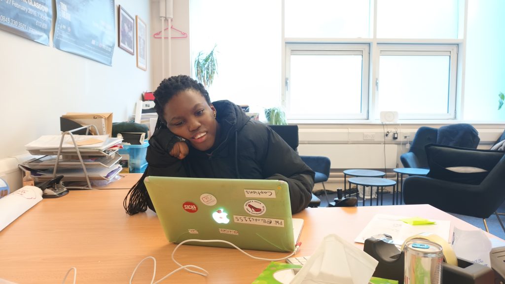 Cleopatra working in the BOP office.