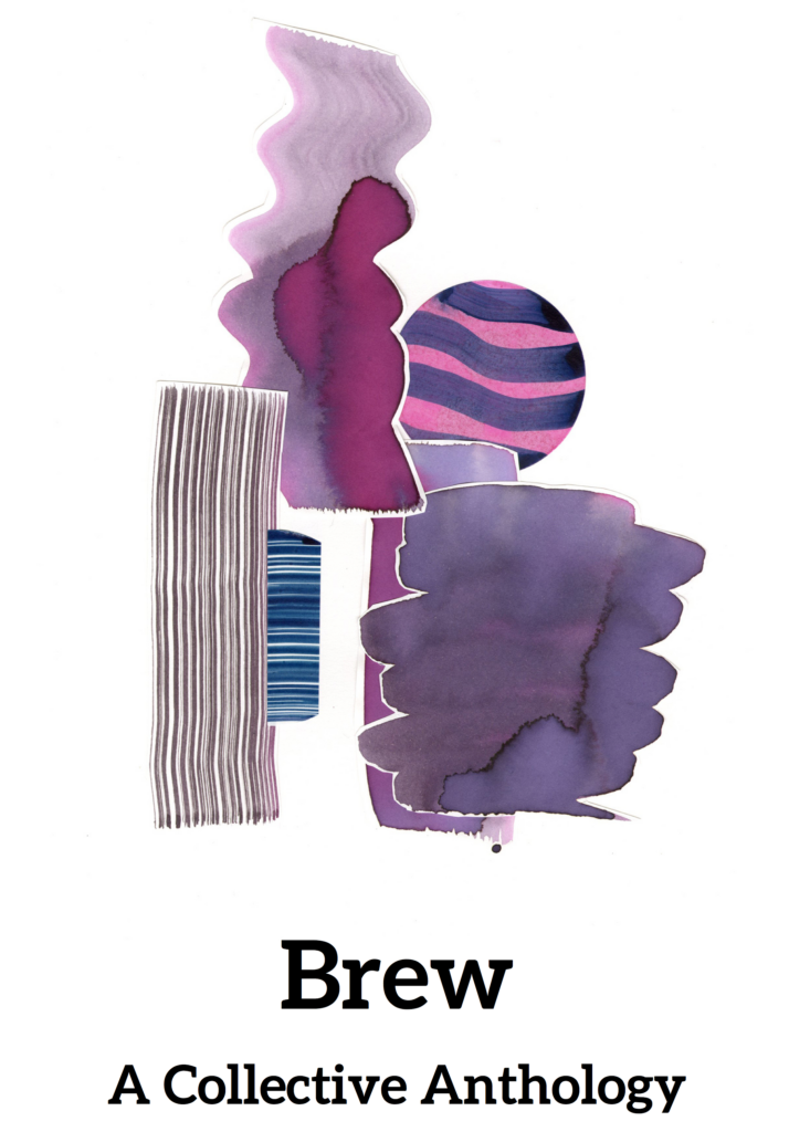 The cover of the BREW collective Anthology. The cover art is an abstract collage of watercolour shapes in pink, purple and blue on a white background.
