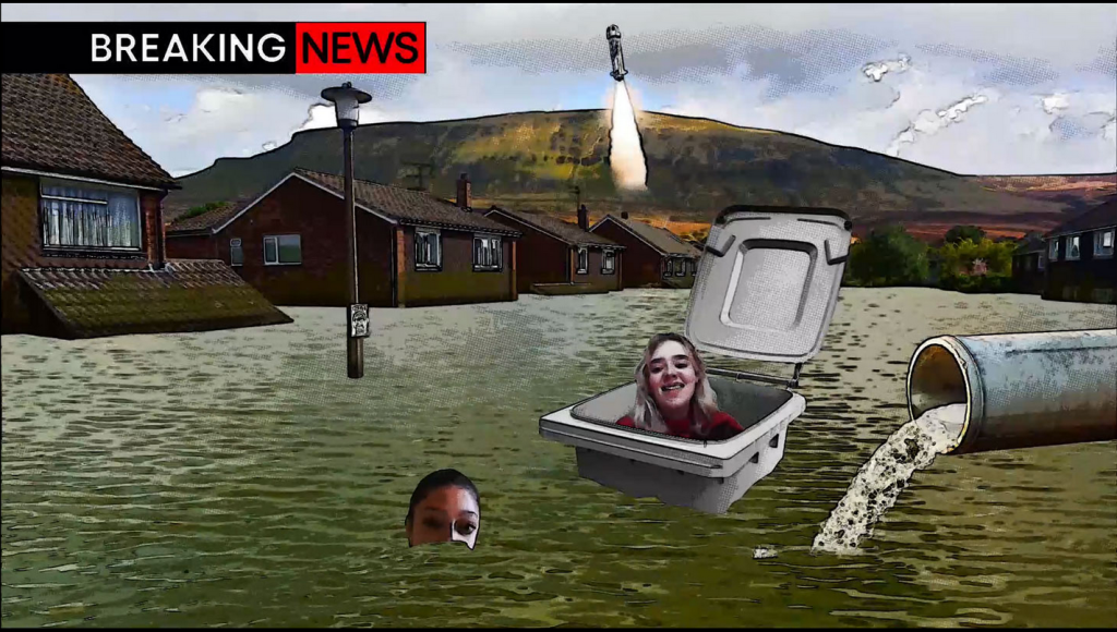 Cartoon style image of a British town flooded with 3 metres of water. There are two online performers who are Telepresent within the image- one person is floating around inside a bin, the other person's head can be seen just above the water. The water does not look clean.